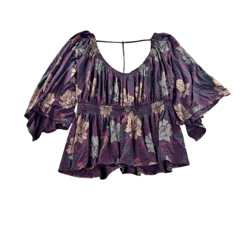 Free People Glenside Floral Blouse M Boho Purple Bell Sleeves Peasant Cottage